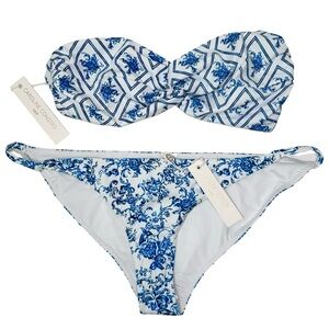 NWT CAROLINE CONSTAS Blue Toile Evie Bandeau Bikini Top Mykela Bikini Bottom LG